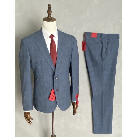 Hugo Boss Mens 40S 36W 2-Piece Suit Virgin Wool Blend Super Flex Blue Plaid NEW - Picture 1 of 16